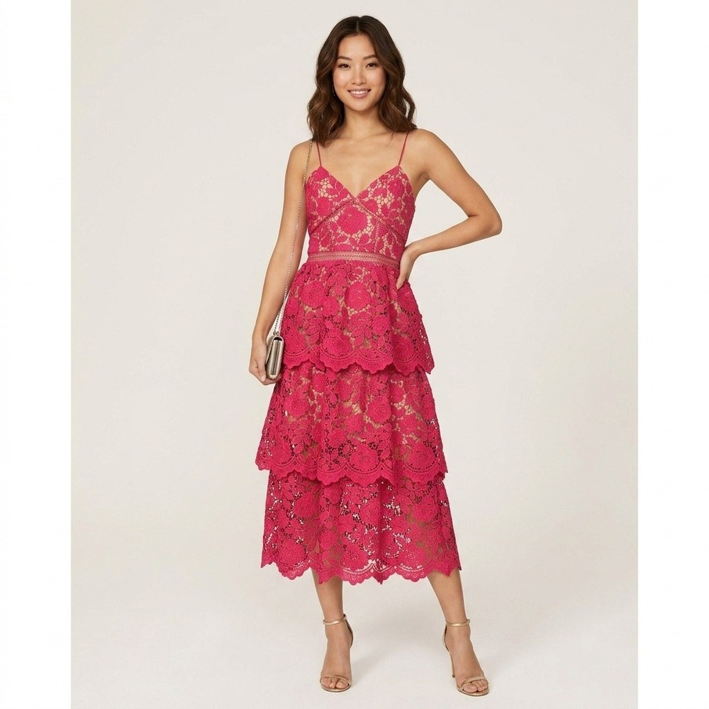 Self-Portrait Fuchsia Flower Lace Midi Dress Dark Pink Tiered Guipure US 10